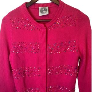 Happy Sheep Pink Magenta Knit Cardigan with colorful beading detail size small